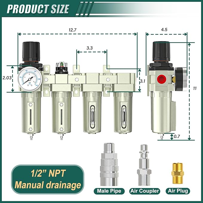 Industrial Grade 4-Stage Air Drying System, 1/2" NPT with Manual Drain, Desiccant Dryer, air Regulator, Particulate Filter and Coalescing Filter for Paint Spray, Plasma Cutter