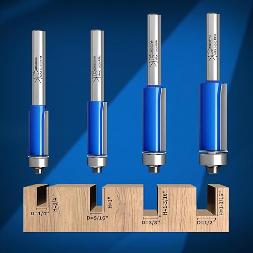 CSOOM 4PCS Professional Flush Trim Router Bits 1/4" Shank, Top Bearing Flush Trim Router Bit，Cutting Heights of 3/4“, 1”, 1-3/16“, 1-3/16”