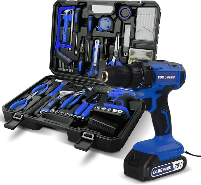 COMOWARE 120 Pcs Home Tool Kit with 20V Power Drill, Li-ion Battery & Charger - 25+1 Clutch Tool Set for Home, Garden & Office Repair - Blue Case