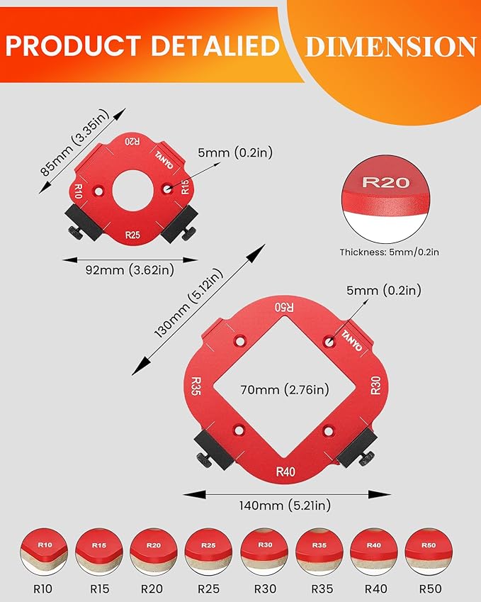 TANYO Router Corner Radius Template, Plastic Box Router Jig with 8 Radius, Aluminum Alloy Router Templates for Woodworking R10/R15/R20/R25/ R30/R35/R40/R50