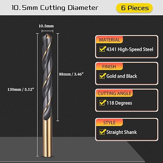 Drill Bit, 10.5mm Cutting Diameter, 4341 HSS Gold and Black 118° Cutting Angle Number Jobber Bits - (Applications: for Drilling Soft Metal Plastic Wood), 6-Pieces