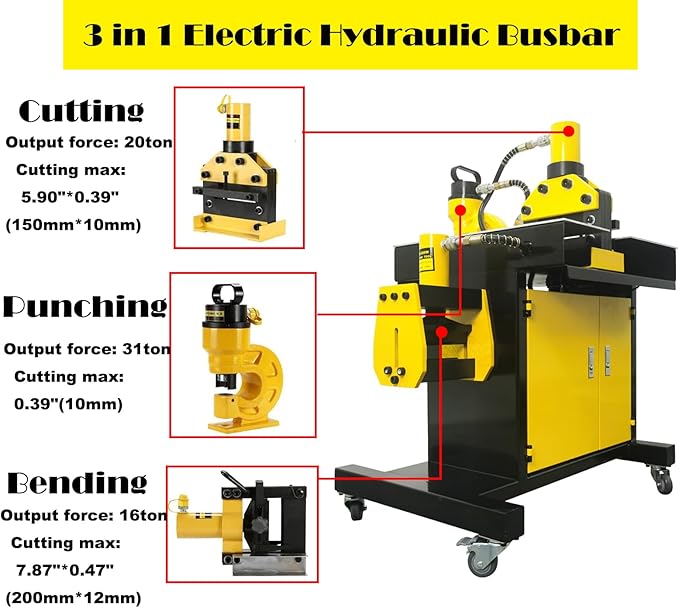 3in1 Electric Hydraulic Busbar Processor Busbar Bender 8" Cutter/Bender/Hole Puncher Cutting Punching Bending Machine for Copper, Aluminum for Iron, Copper, Aluminum 110V