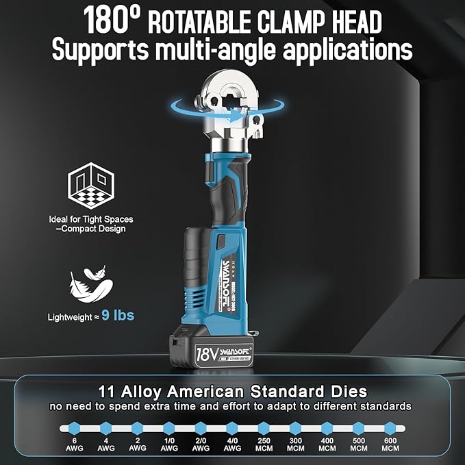 SWANSOFT Electric Hydraulic Crimping Tool,6Ton 6AWG-600MCM Rechargeable Hydraulic Crimper for Cu/Al Terminal, Crimp 20000 Times Wire Cable Lug Crimping Tool Kit (300B)