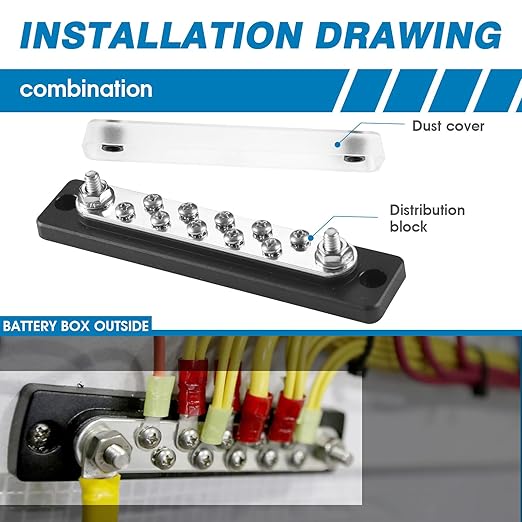GLOSO Common Busbar 3/8” Power Distribution Block Marine Bus bar Battery Terminal Distribution Block 150 Amp Rating 6P