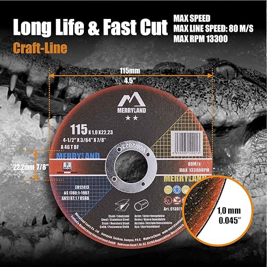 Merryland Cut Off Wheel 4 1/2 inch for Angle Grinder, Metal Cutting Wheel 4.5 X .045 X 7/8 Ultra Thin 25 Pack, Iron Stainless Steel Cutting Disc, Craft-Line C13071042