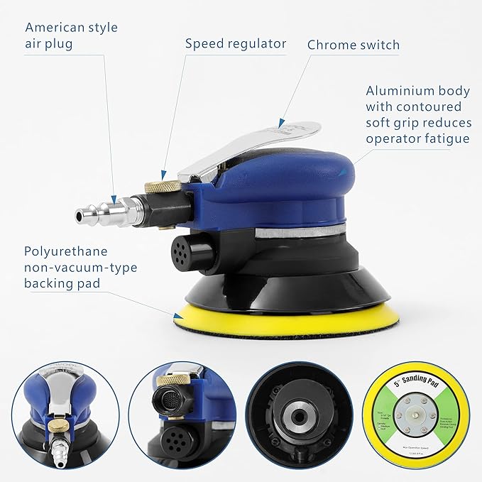Air Random Orbital Sander by UPWOOD, Pneumatic Palm Sander With 10 Pcs Sandpapers for Auto Body Work, Woodworking (5 Inch)