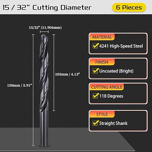 Drill Bit, 15/32" Cutting Diameter, 4241 HSS Nitriding Black 118° Cutting Angle Versatile Jobber Bits - (Applications: for Drilling Plastic Wood Soft Metal), 6-Pieces