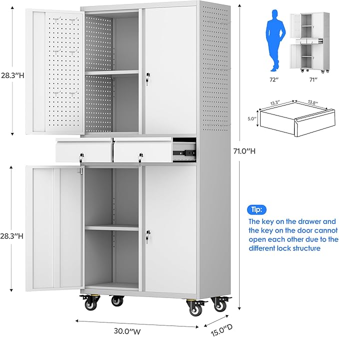 Garage Storage Cabinet with Wheels, Metal Storage Cabinet with 2 Drawers and 2 Adjustable Shelves, Metal Lockers with Pegboards for Homes, Offices, Kitchens, and Pantries, Gray and White
