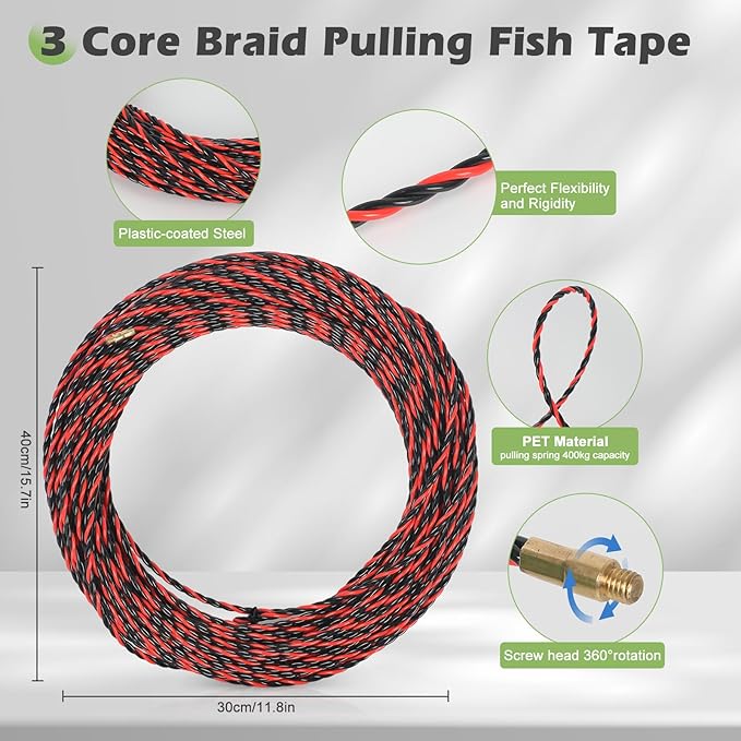 100Ft Fish Tape Wire Puller Through Conduit Thickened Polyester 3 Core Braid Pulling Fish Tape Electrical Fish Tape with Ergonomic Handle Fishtape Wire Pulling Tools with 6 Adapters (4.5mm*30M)