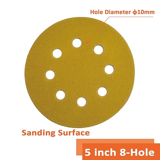 Orbital Sander Pads 5 Inch 8 Holes 180 Grit Sanding Disc,Hook and Loop Wet/Dry Gold Replacement Sandpaper,Suitable for Wood,Plastic Grinding and Polishing,Pack of 50