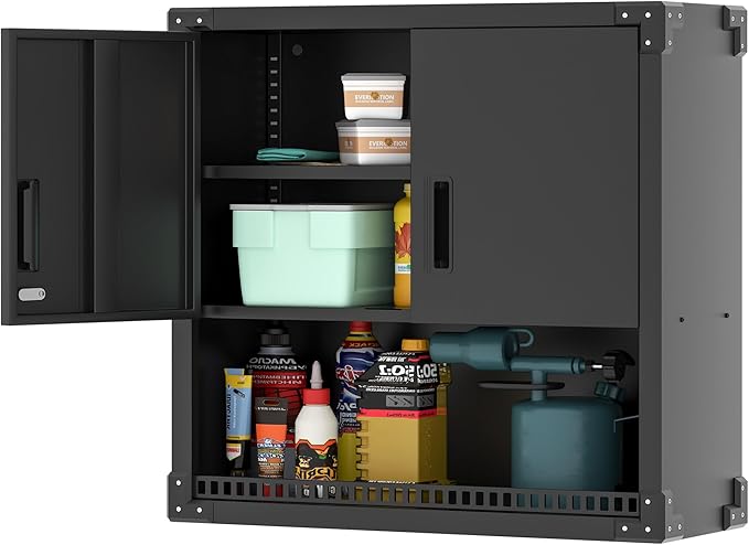 Garage Wall Cabinet Metal Storage Cabinet with Lock Wall Mounted Heavy Duty Steel Tool Cabinet with Door and Shelf Hanging Cabinet for Garage Warehouse Bathroom Kitchen,Assembly Required