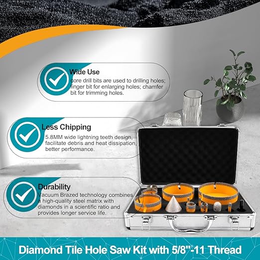 Tile Hole Saw Kit 13pcs - Diamond Core Drill Bits 6/6/8/19/25/35/50/75/102/125mm for Tile Porcelain Marble Granite with 20mm Diamond Finger Bit and 2" Chamfer Bit Trimming Hole and SDS Adapter