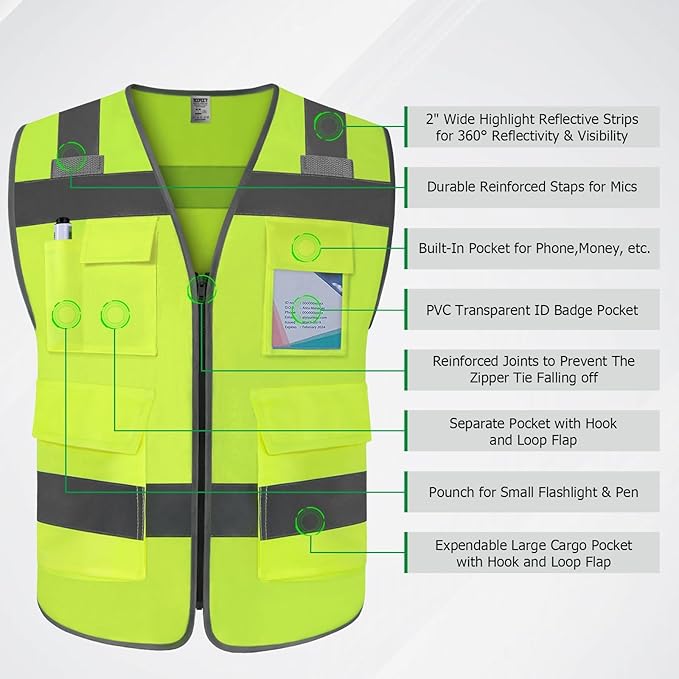 TCCFCCT Construction Vest 5 Pockets Reflective Safety Vest for Men Women, High Visibility Work Vest with Tabs for Walkie-talkie, Durable to Use, Meets ANSI/ISEA, T5-Yellow, S