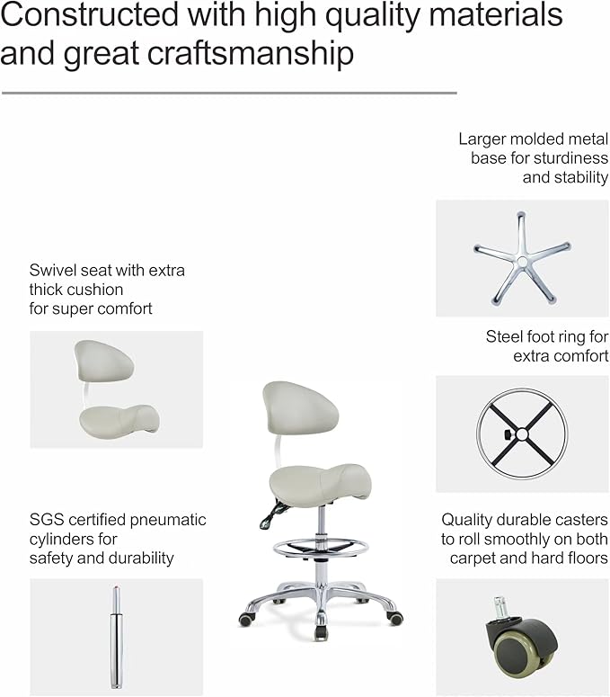 Grace&Grace Ergonomic Rolling Saddle Stool Chair with Wheels Adjustable Swivel Stool with Back and Footrest Heavy Duty for Esthetician, Artist, Dental, Medical, Spa, Salon, Cutting, Home Office