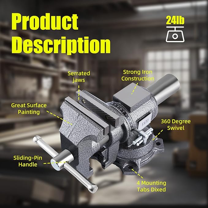FATO 5-inch Heavy Duty Bench Vise, 360°-Degree Ductile Iron Bench Vise Multi-Purpose Swivel Base and Head With Anvil, Utility Combination Pipe Home Vise for Woodworking