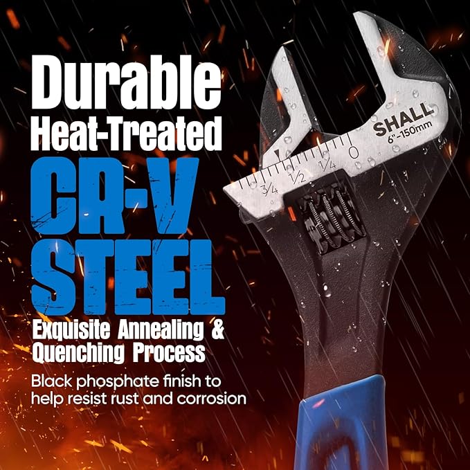 SHALL 6 Inch Adjustable Wrench, Cr-V Steel Spanner with Cushion Grip, Wide Jaw Black Oxide Wrench with Laser-etched SAE Scales for Home, Garage, Workshop and DIY