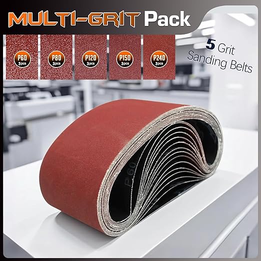 KonaFlex Sanding Belts 15 Pack 4x24 Inch Belt Sander Paper Aluminum Oxide with 60/80/120/150/240 Grits for Woodworking, Paint Sanding, Metalworking, Rust Removal
