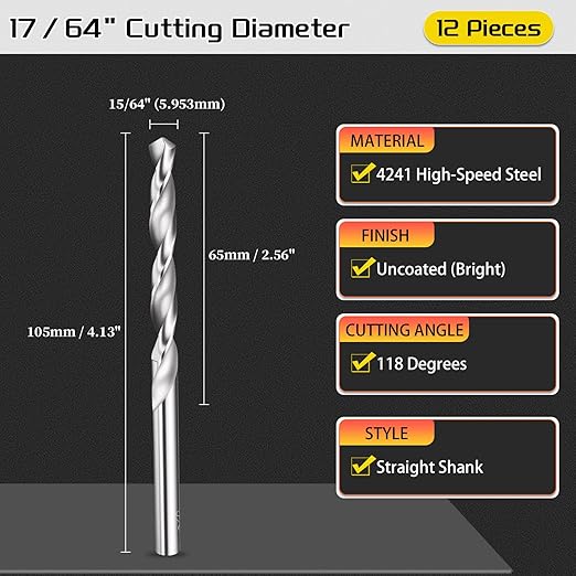 Drill Bit, 17/64" Cutting Diameter, 4241 HSS 118° Cutting Angle Uncoated Bright Versatile Jobber Bits - (Applications: for Drilling Plastic Wood Soft Metal), 12-Pieces