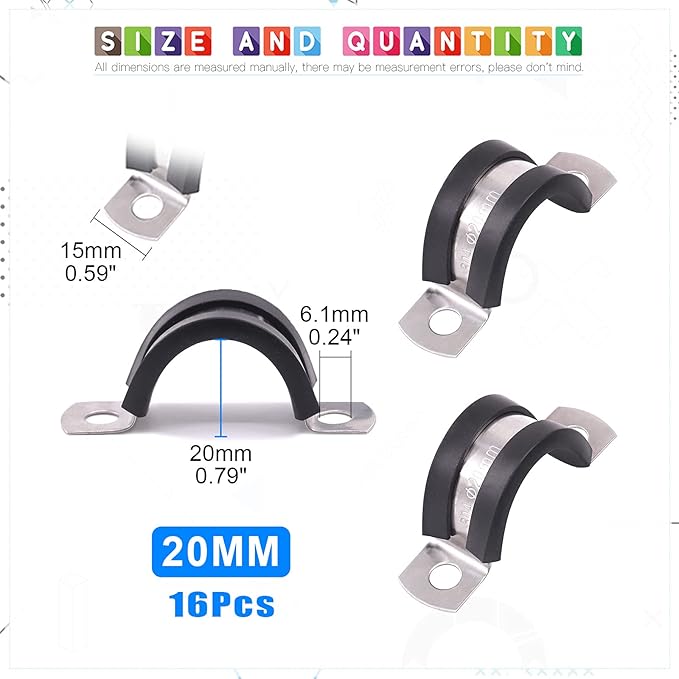 Glarks 16Pcs 20MM 2 Hole U-Tube Strap Clamp Set - 304 Stainless Steel Rubber Cushion Rigid Pipe Strap U Bracket Assortment Kit for Fixing (20mm)