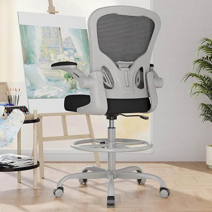 Ergonomic Drafting Chair, Tall Office Chair with Flip-up Armrests, Breathable Mesh High Desk Chair with Lumbar Support Adjustable Footrest Ring for Standing Desk Grey Black