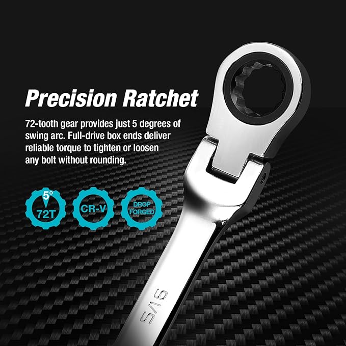 DURATECH 5/16" Flex-Head Ratcheting Combination Wrench, SAE, 72-Tooth, CR-V Steel