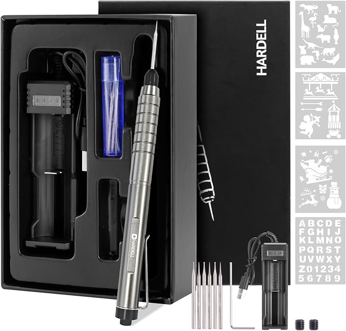 HARDELL Engraving Pen, USB Rechargeable Engraver Pen, 37000RPM Cordless Engraver Tool For Metal, Wood, Plastic And Glass, Engrave 50+ Surfaces with 6 Carving Bits & 4 Stencils For DIYer & Beginner