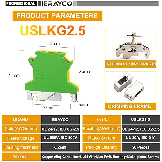 Erayco USLKG2.5 Ground Circuit Connection Terminal Block, Screw Clamp, 600V 20A 24-12AWG, DIN Rail Mounted, Pack of 50 (Green & Yellow)