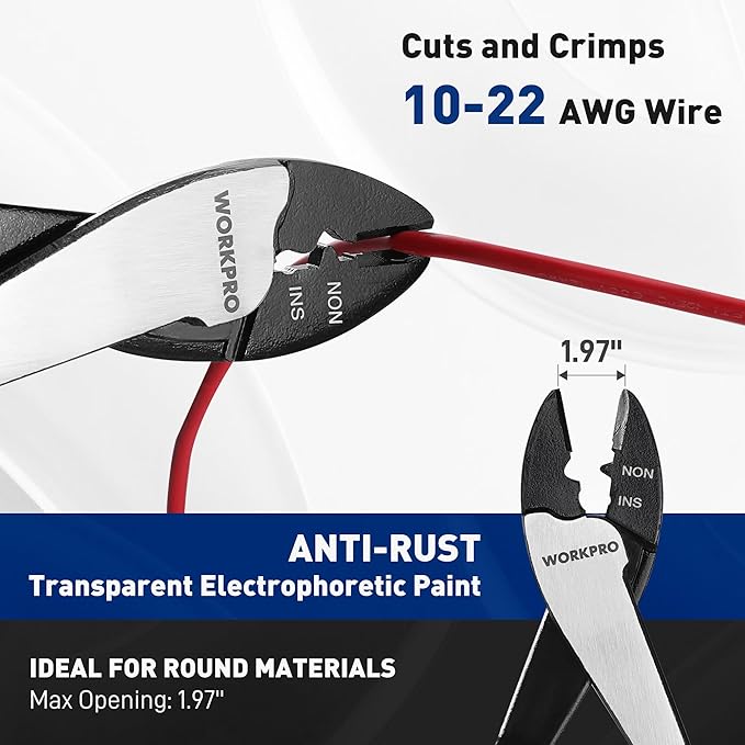 WORKPRO 9.5" Wire Cutter/Crimper, Wire Crimping/Cutting Tool for 10-22 AWG Terminals and Connectors, Designed for Insulated and Non-Insulated Connections