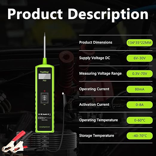 12 Volt Test Light Automotive, Topdiag P60 Car Circuit Tester, 12-24V Power Circuit Probe Kit, Short Circuit Automobile Finder，AC/DC Voltage Tester, Component Activation Tool