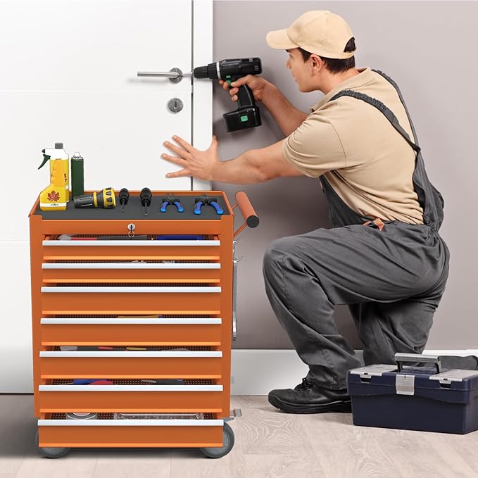 7-Drawer Rolling Tool Chest,Metal Rolling Tool Chest with Wheels and Locking Tool Box,Portable Metal Tool Box for Warehouse,Garage, Repair Shop, Workshop (Orange,7-Drawer)