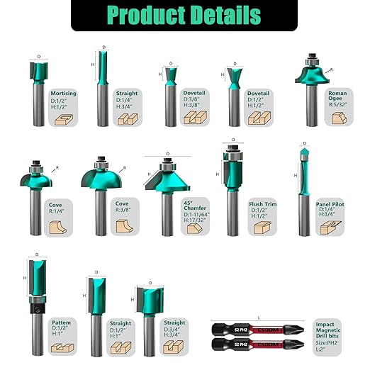 CSOOM 30PCS Router Bits Set, 1/2 Shank, with 2* Batch Head, Professional Wood Bits, Tungsten Carbide Milling Bits for Woodworking