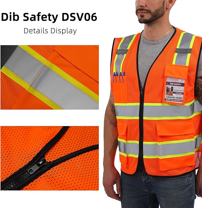Dib Safety Reflective Mesh Vest High Visibility Two Tone with Pockets and Zipper, ANSI Class 2 Compliant, Orange Mesh with Yellow Trim M