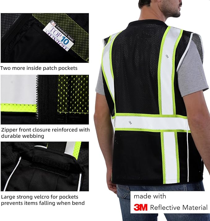 Dib Safety Vest Reflective Black Mesh, High Visibility Vest with Pockets and Zipper, Heavy Duty Vest Made with 3M Reflective Tape 3XL
