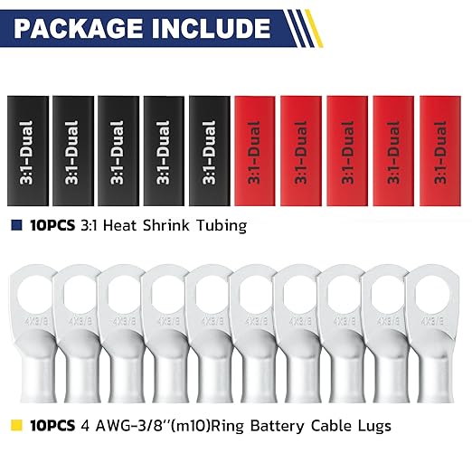 haisstronica 10pcs 4 AWG - 3/8" (M10) Tinned Copper Battery Lugs, Heavy Duty Copper Wire Lugs with 10pcs 3:1 Adhesive Heat Shrink Tubing, 4 Gauge Wire Lugs, Tinned Copper Battery Cable Ends