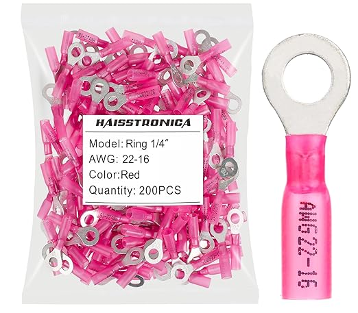 haisstronica 200pcs1/4 Red Marine Grade Heat Shrink Ring Connectors,22-16 Gauge Tinned Red Copper 0.7mm Ring Terminals Connectors,Brazed-Seam Insulated Electrical Crimp Wire Terminals