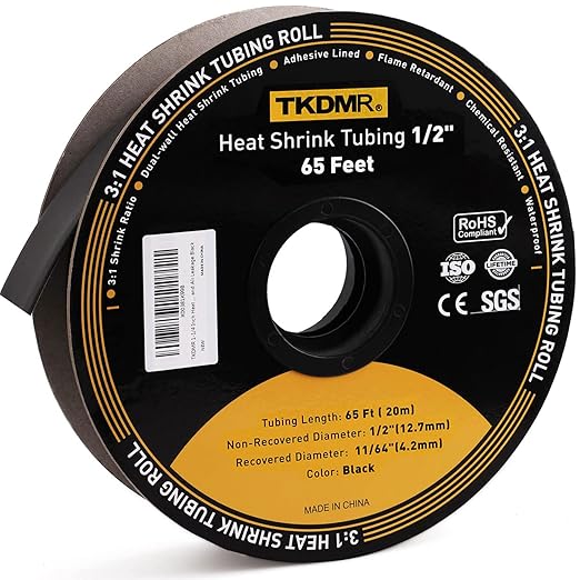 TKDMR 65 Ft 1/2" Heat Shrink Tubing - 3:1 Ratio Marine Grade Heat Shrink,Wire Cable Adhesive Lined Tube Insulation Seal Against Moisture Corrosion and Air Leakage.Black