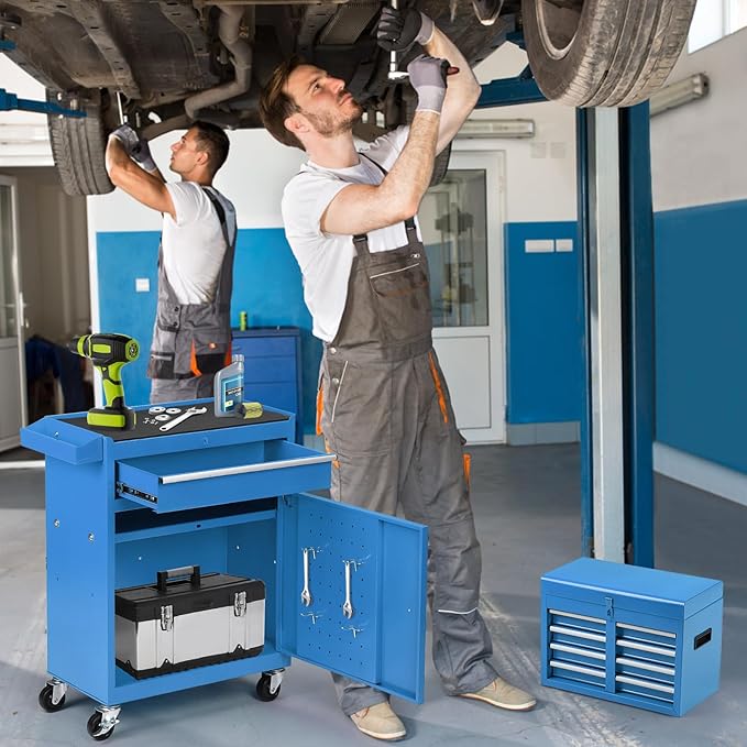 Rolling Tool Chest, 5-Drawer Tool Cabinet with Lockable Wheels and Detachable Top Tool Box, Tool Cart for Warehouse, Workshop, Blue