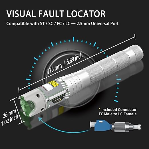100KM Visual Fault Locator for Fiber Optic Cables, High-Power VFL Tester with FC/ST/SC/LC Support, Long-Range Fault Finder & Light Pen Tool for FTTH, Telecom, Datacenters, OTDR, Industrial Networks