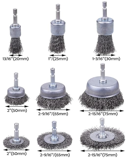 9 Pack Drill Wire Brush with 1/4-Inch Hex Shank, Rocaris Carbon Steel Drill Wire Brush, Cup/ Wheel/ Pen Brush Set for Rust Removal, Corrosion and Scrub Surfaces