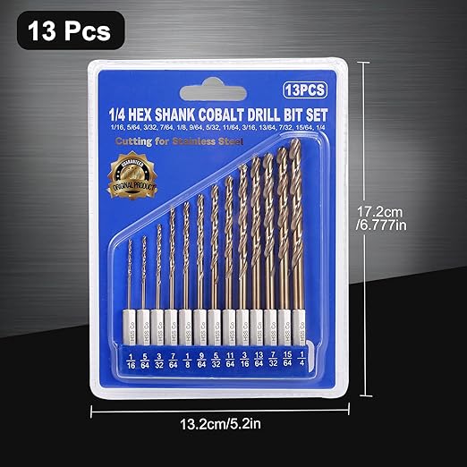 Hex Shank Cobalt Drill Bit Set for Metal and Hardened Steel, 13Pcs 1/16"-1/4" M35 HSS Twist Drill Bits for Impact Driver, with Index Holder