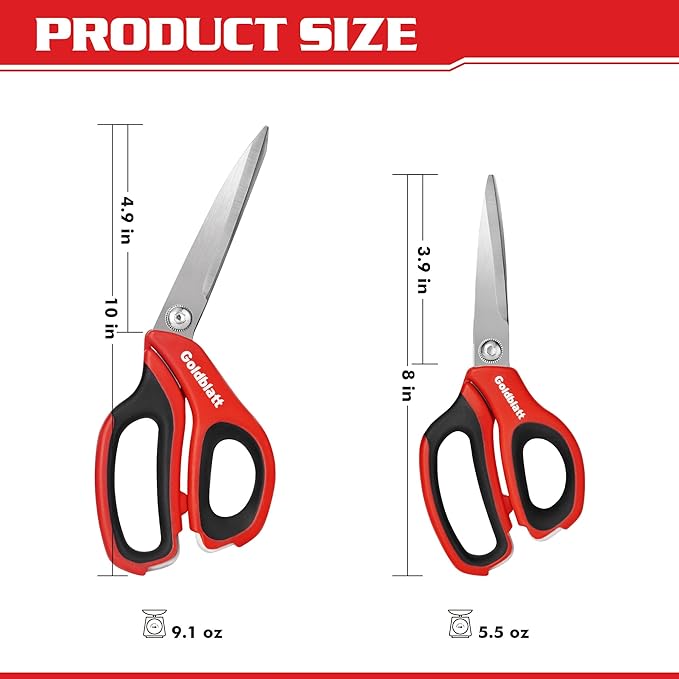 Goldblatt 2PCS Scissors Heavy Duty, 8-inch and 10-inch Multipurpose Scissors, Stainless Steel Blade, Comfortable Handle, Shop Scissors Easy Cutting Cardboard, Leather, Fabric