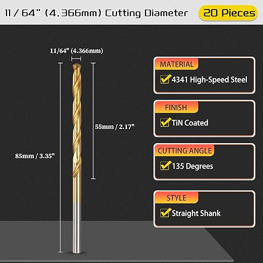 Drill Bit, 11/64" Cutting Diameter, 4341 HSS TiN Coated 135° Cutting Angle Jobber Bits - (Applications: for Drilling Soft Metal Plastic Wood), 20-Pieces