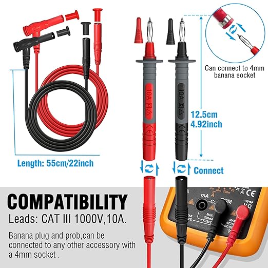 25PCS Multimeter Test Leads Kit, Test Leads Set with Replaceable Alligator Clips,Wire Piercing Probes, Alligator Clips,Test Hook Clips,Test Tweezer for Digital Electrical Multimeter Testing