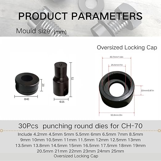 30-Piece Round Hole Punch Die Set-Compatible with CH-70 Machine, Heavy Duty Metal Punching Dies for Steel Sheet, Copper Plate, Aluminum Plate (30-Piece Round Hole Punch Die Set)