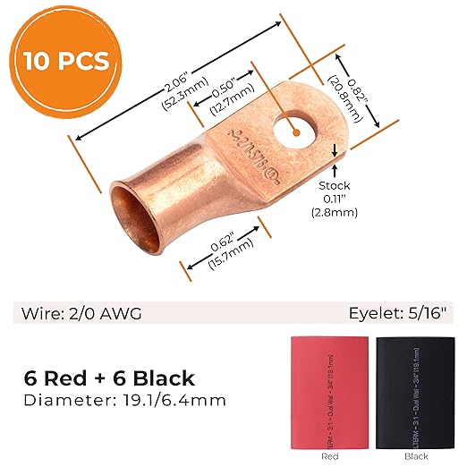 SELTERM 10pcs - 2/0 Awg - 5/16" Stud - Battery Lugs - Ring Terminal Connectors | with 12pcs 3:1 Black & Red Heat Shrink Tubing with Adhesive | Heavy Duty Battery Cable Ends - Bare Copper Wire Lugs Kit