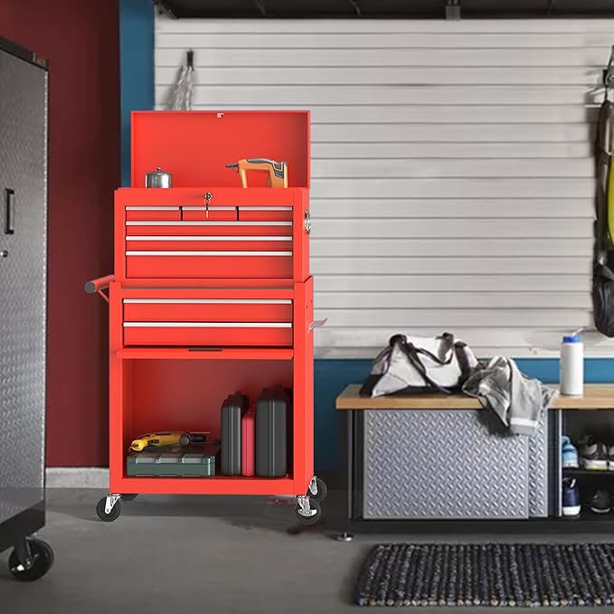 8 Drawer Tools Chest,42.9 inch Tool Cabinet with Universal Lockable Wheels，Organizable Tool Box with Detachable Top Box for Workshop，RED