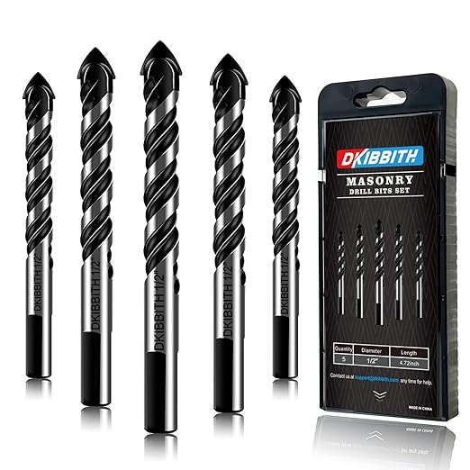 5-Piece 1/2“ Masonry Drill Bits for Tile Glass Ceramic Wall Brick Stone Soft-Metal Wood, 1/2 Inch Concrete Drill Bits Cement Drill Bit Set, 3-Flat Shank, YG8 Carbide Tungsten Steel Alloy Tip 12mm