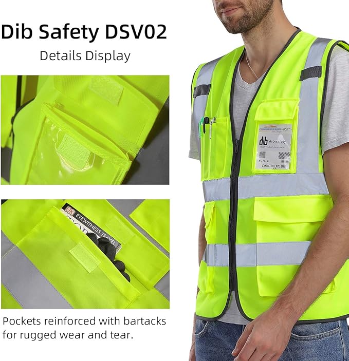Dib Safety Vest Reflective ANSI Class 2, High Visibility Vest with Pockets and Zipper,Hi Vis Yellow 5 Pack XL