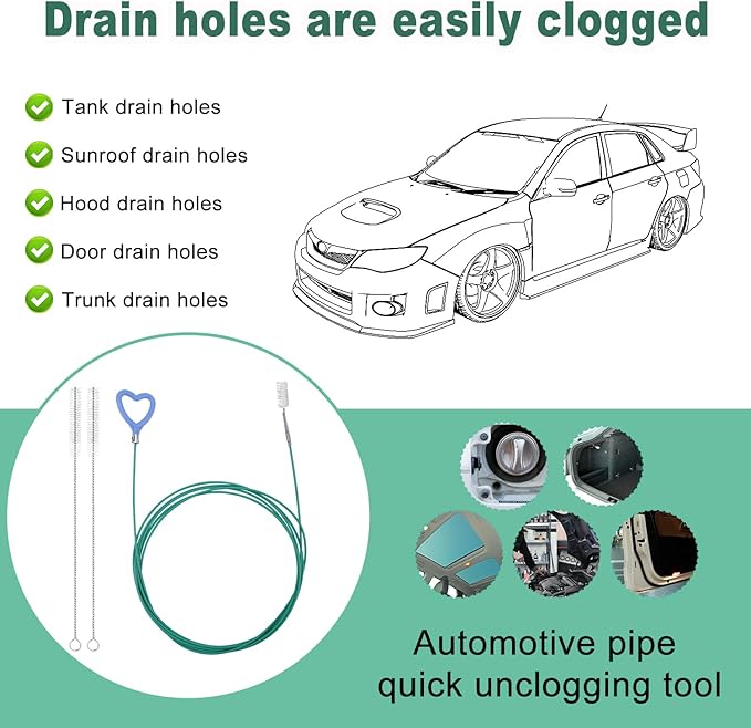 Sunroof Drain Cleaning Tool, 118in Long Wire Pipe Cleaner with 2 Straight Flexible Cleaning Brushes Heart Handle Design Drain Snake Unclogger Hole Cleaner for Auto Car Sunroof Wiper