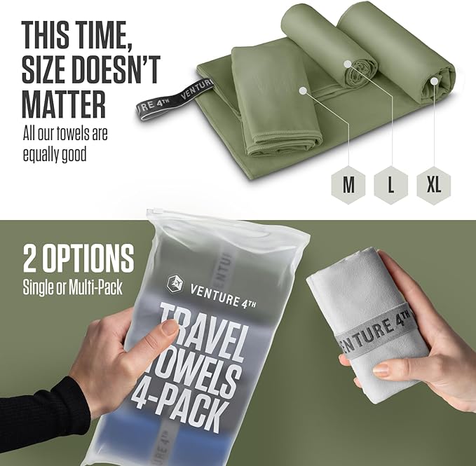 VENTURE 4TH - 4pcs Quick Dry Towels. Microfiber Travel Towels Ideal for Camping, Hiking, Backpacking, Gym. Lightweight & Fast Drying Travel Towels for Body. Compact & Easy to Pack - 4 Pack Large